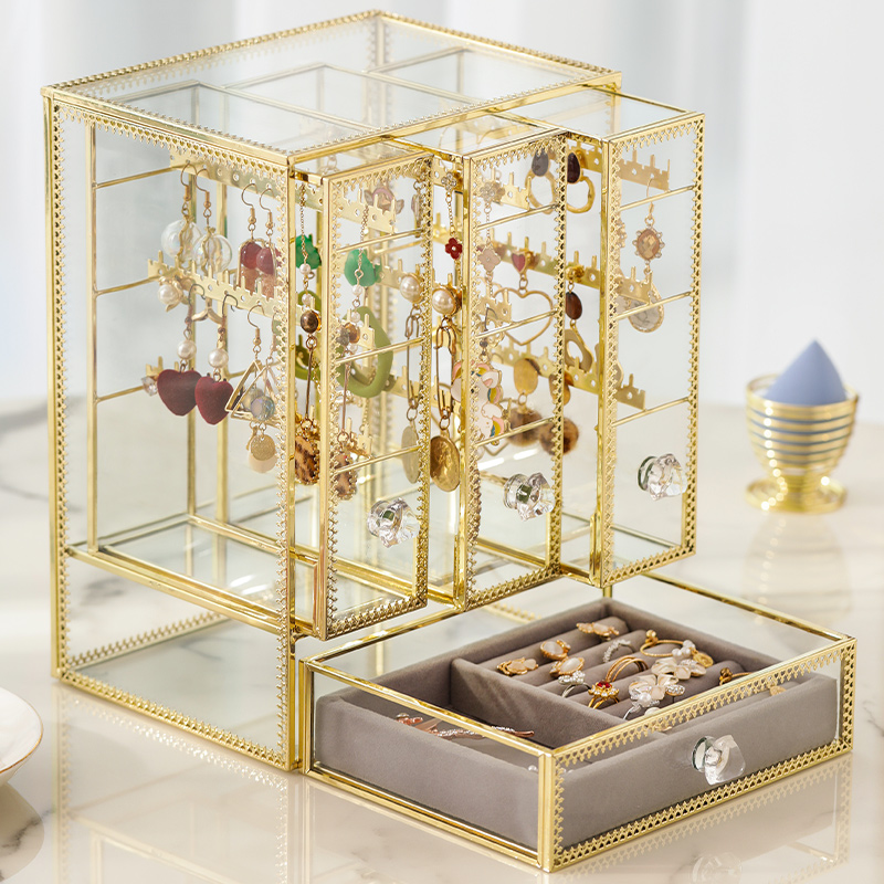 European style Glass Jewelry box Ring Necklace Earrings storage box Finishing box Earrings Shelf transparent ornaments Display rack