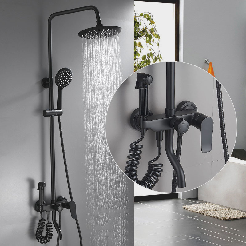 black Double shower suit Shower Room Up and down Shower It's raining to fake something antique Big lotus head combination All copper Faucet Concealed installation