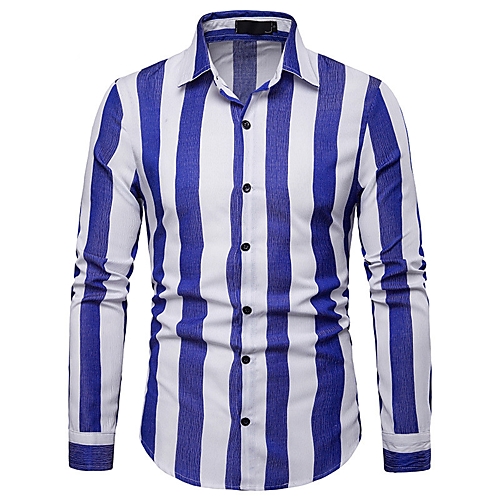 Buy Men's Work Basic Cotton Shirt - Striped / Color Block Blue L / Long ...