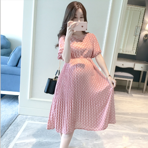 pregnant dress chiffon midi dresses pink maternity loose pleated polka pregnancy dots clothes summer ezbuy sg plus version