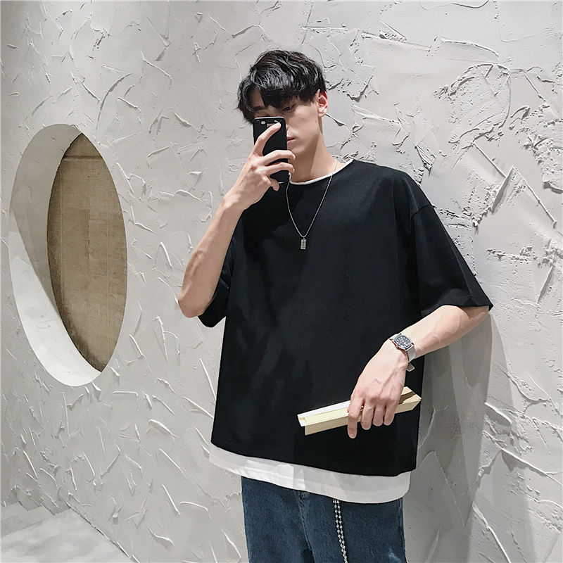 Buy Men Korean Style Loose Baggy Short Sleeve Fake Two Piece T-Shirt on ...