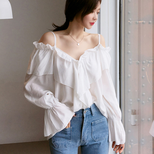 Buy 19 early spring new blouse korean style horn sleeve loose Chiffon ...
