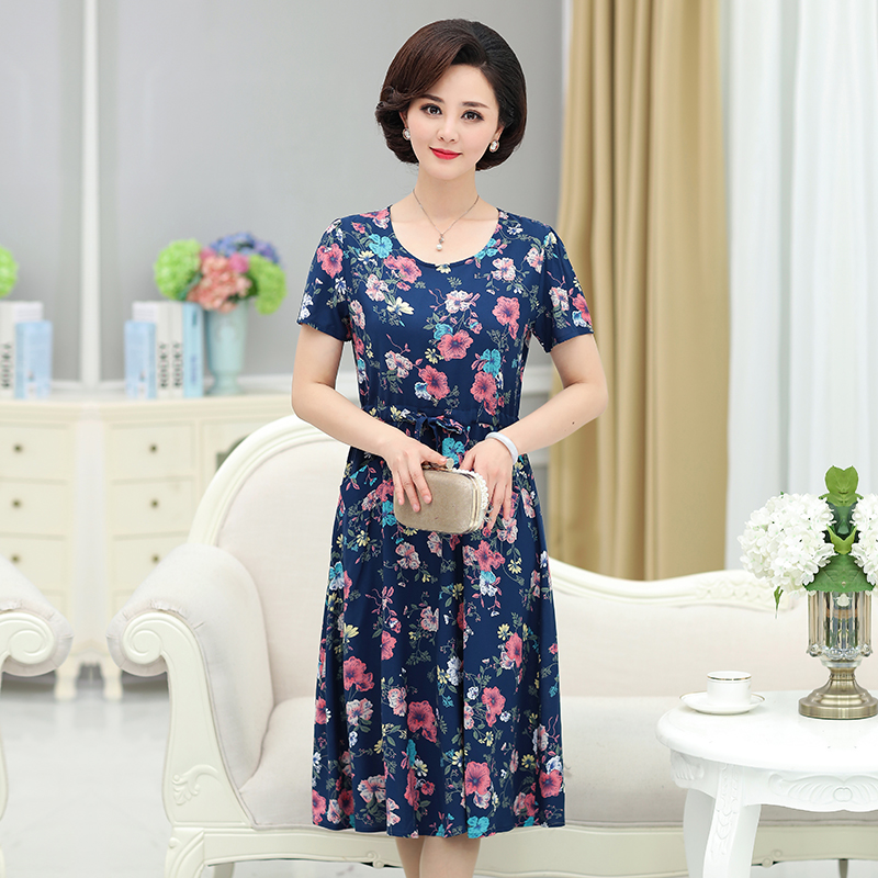 Buy Cotton silk mom summer dress fashionplus size 50-60 year old middle ...