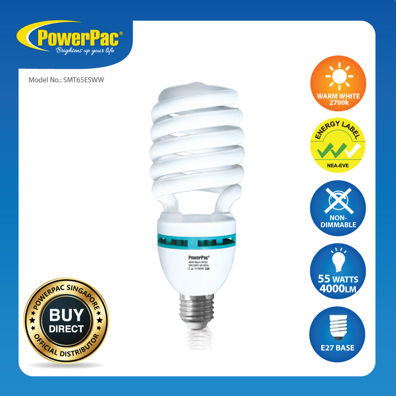 Buy PowerPac Bulb Energy Saving 55W E27 Warm White (SMT65ESWW) on ezbuy SG