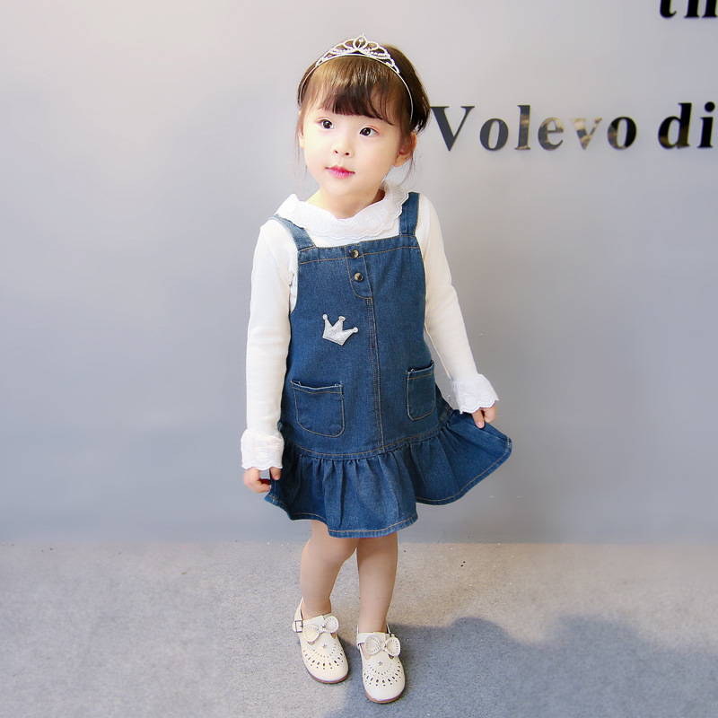 Buy Girl Cowboy Strap Skirt 2018 Spring New Korean version lotus leaf