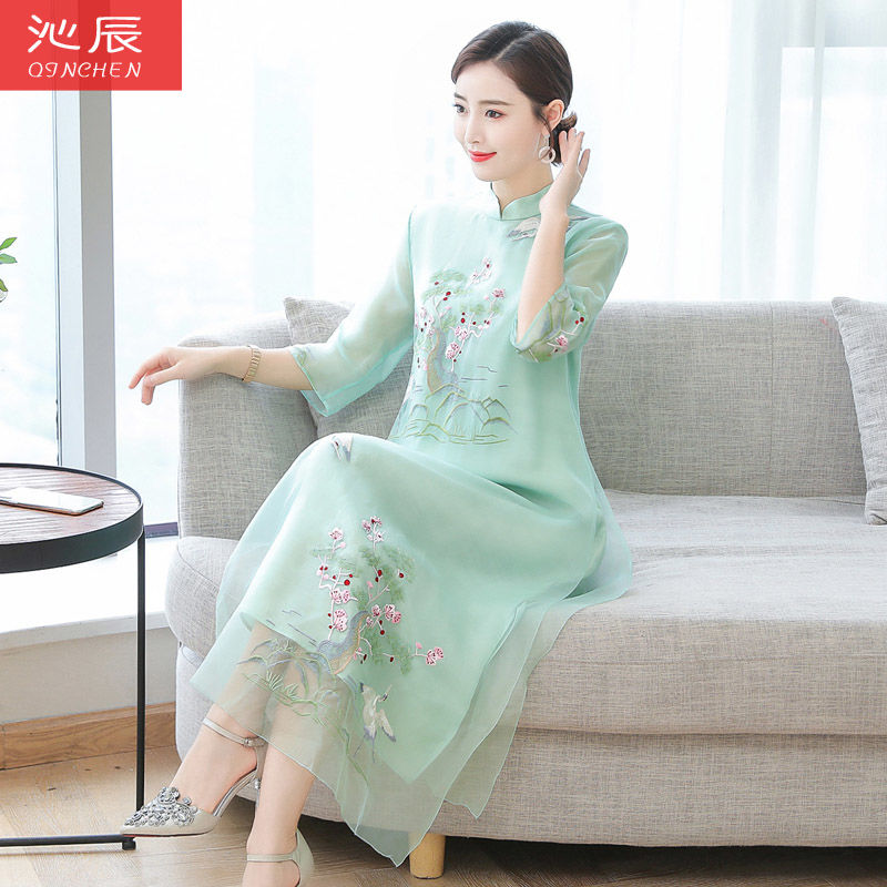Buy Improved cheongsam dress 2019 summer new fat sister embroidery ...