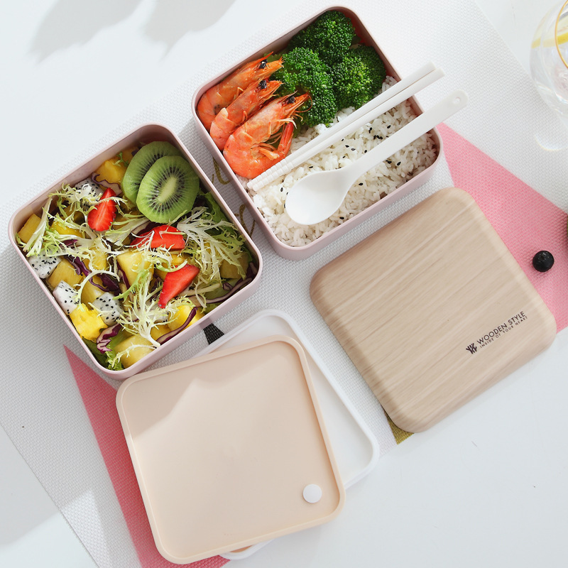 Buy Square double-layer wooden feel lunch box plastic with cutlery ...
