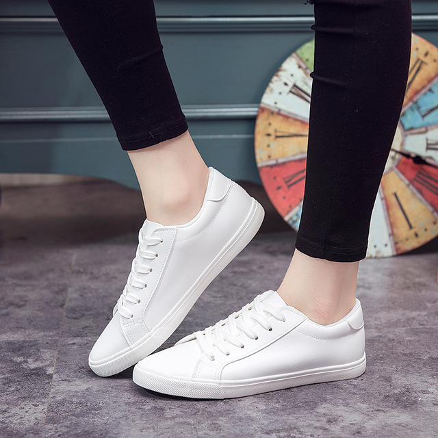 Buy Casual white shoes leather flat sneakers Korean style women's shoes ...