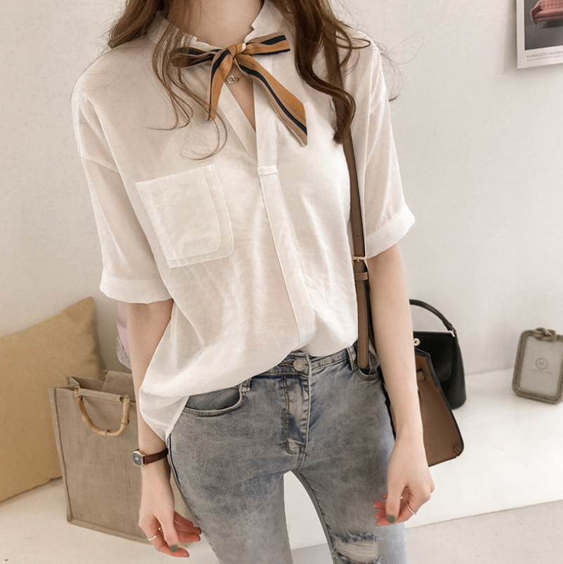 Buy Korean style women fashion stripes tie shirt short sleeve blouse ...