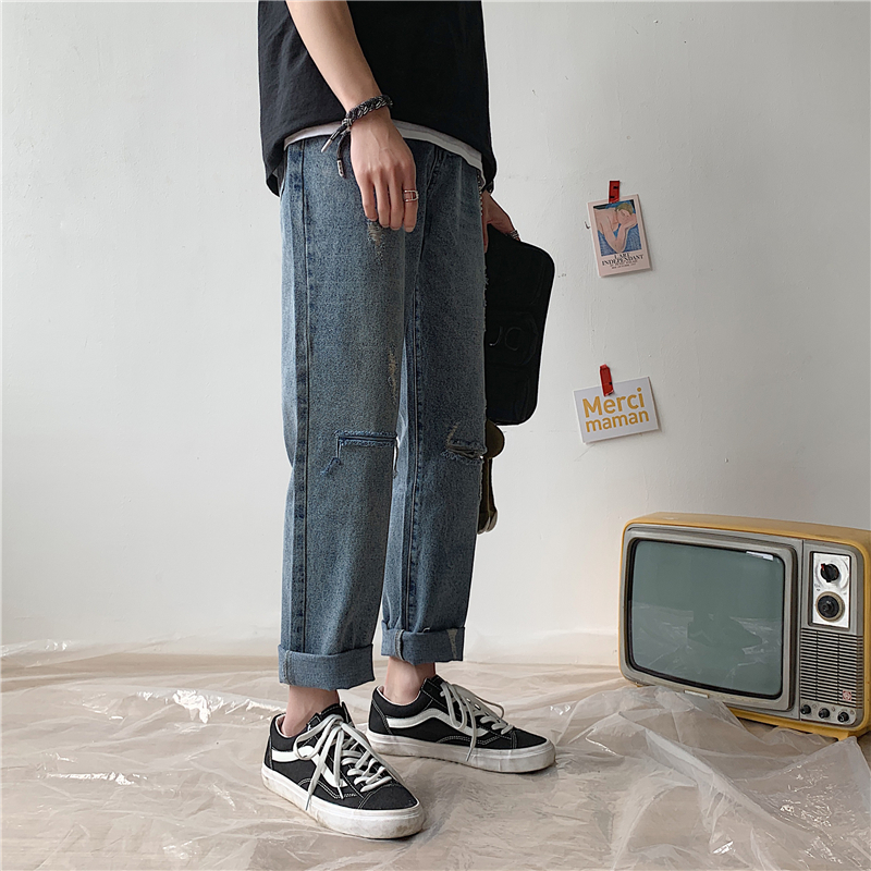 Buy Uzi Store Summer Hole In The Bottom Jeans Men Loose Skinny Hundred Set Retro Beggar Pants Male Bf Haraagus Straight Straight Pants Nine Point Pants Ulzzang On Ezbuy Sg