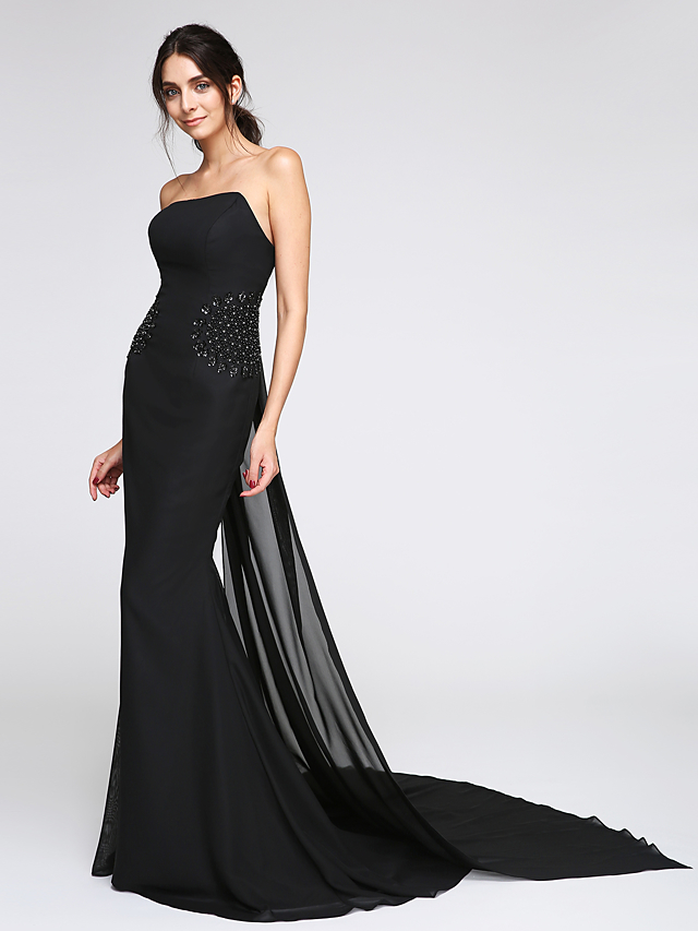 Buy Mermaid / Trumpet Strapless Watteau Train Chiffon Cocktail Party