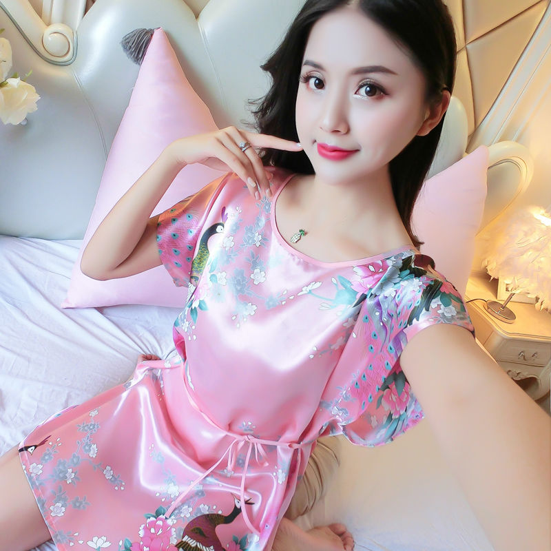 Buy Spring/Summer Simulation Silk Sleeping Skirt Women Short Sleeves plus size Pyjamas Loose