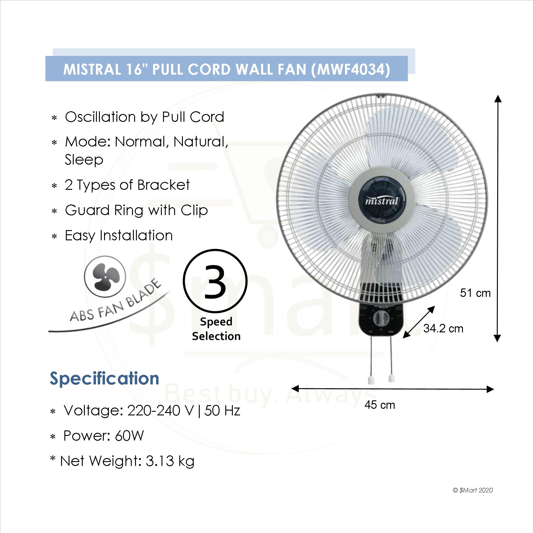 Buy Mistral 16 Pull Cord Wall Fan Mwf4034 Oscillation Easy Install 8 Yr Motor Warranty On Ezbuy Sg